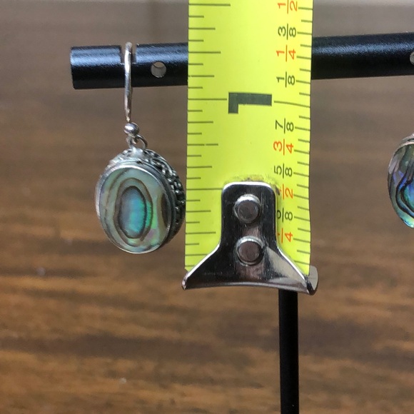 ABALONE Cabochon Sterling Silver Drop Earrings With Scrollwork Around The Bezel - Picture 8 of 10